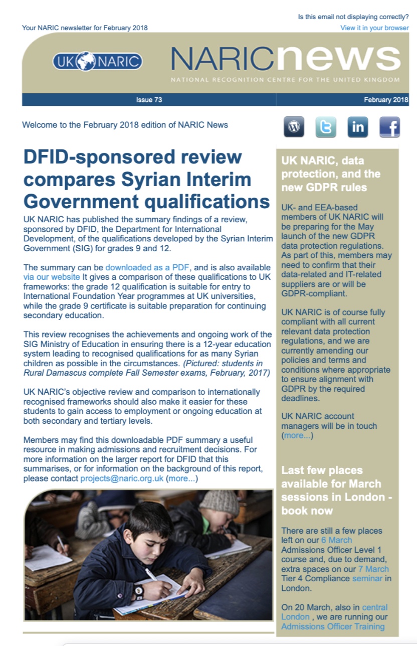UK NARIC: website review, marketing materials, monthly newsletters
